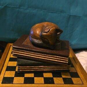 Hand-Carved Brown Wooden Cat Sculpture on Stacked Books - Home Art